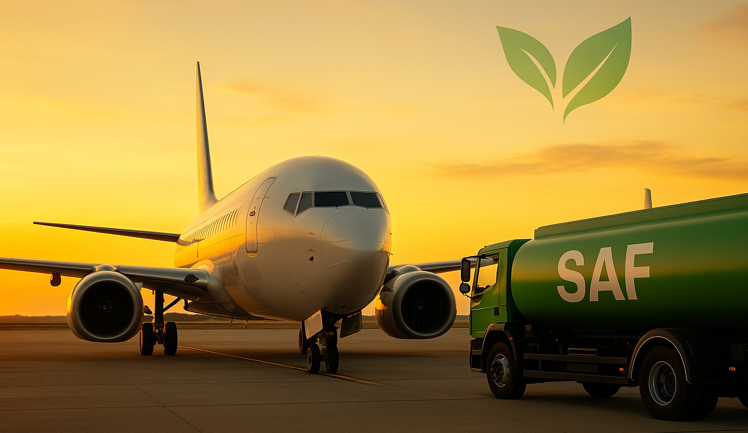 Commercial jet beside SAF tanker at sunset, sustainable aviation fuel 2025