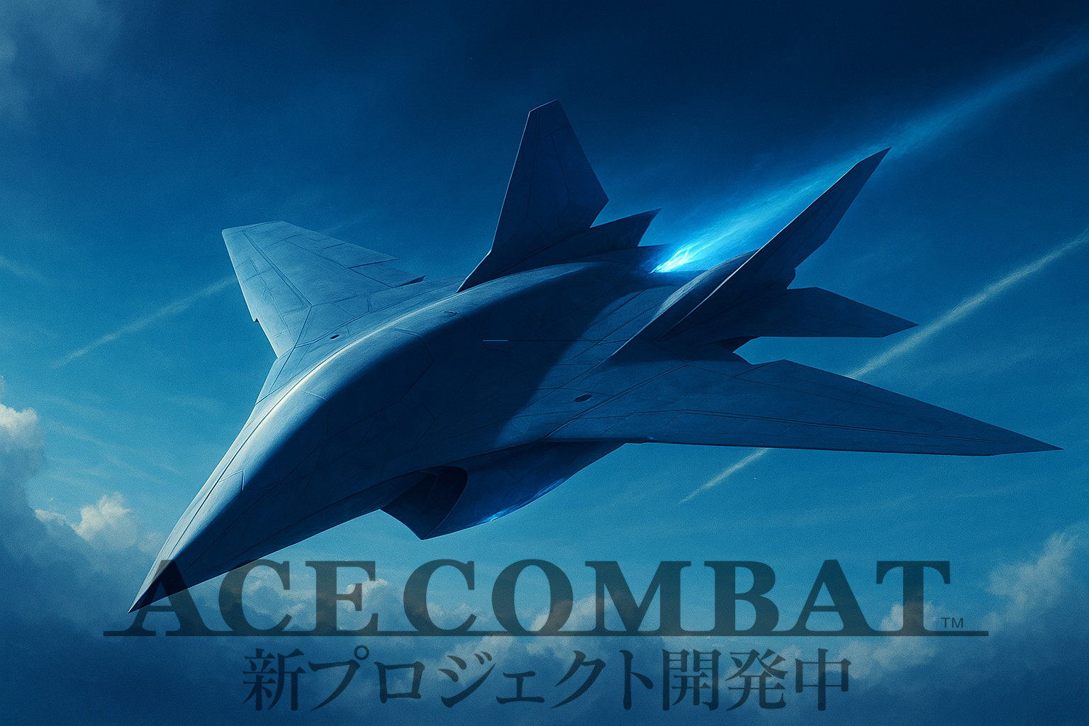 Ace Combat 8 style unmanned stealth drone with delta wings and blue exhaust banking above sun‑lit clouds.