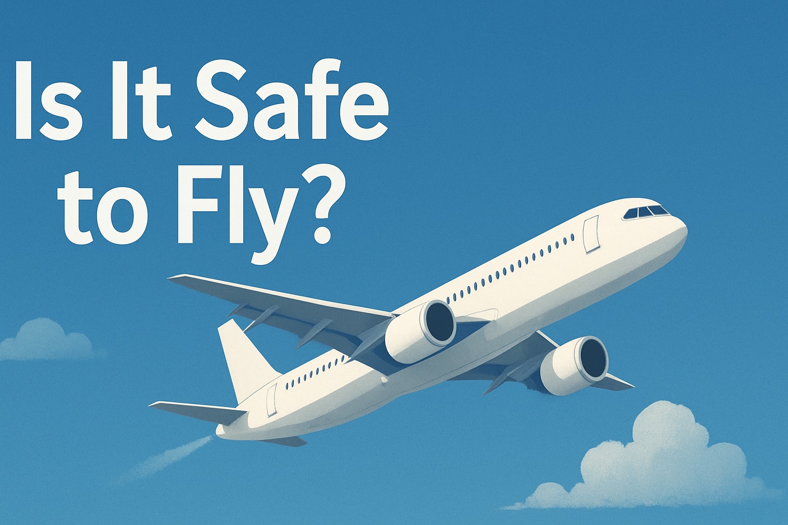 Illustration of a modern commercial airplane climbing into a clear blue sky with soft clouds, accompanied by the headline text ‘Is It Safe to Fly?’ — aviation safety magazine-style cover image