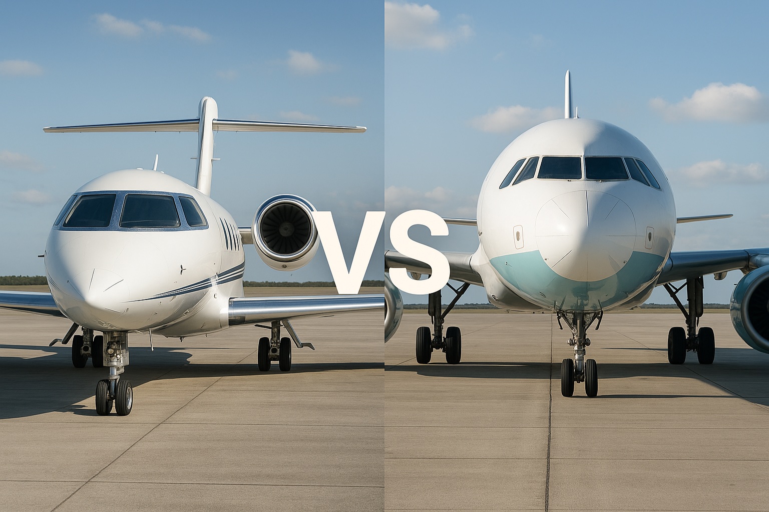 Ultra-realistic side-by-side comparison of a sleek private jet versus a large commercial airplane on the runway, showing the difference in size, luxury, and air travel experience.