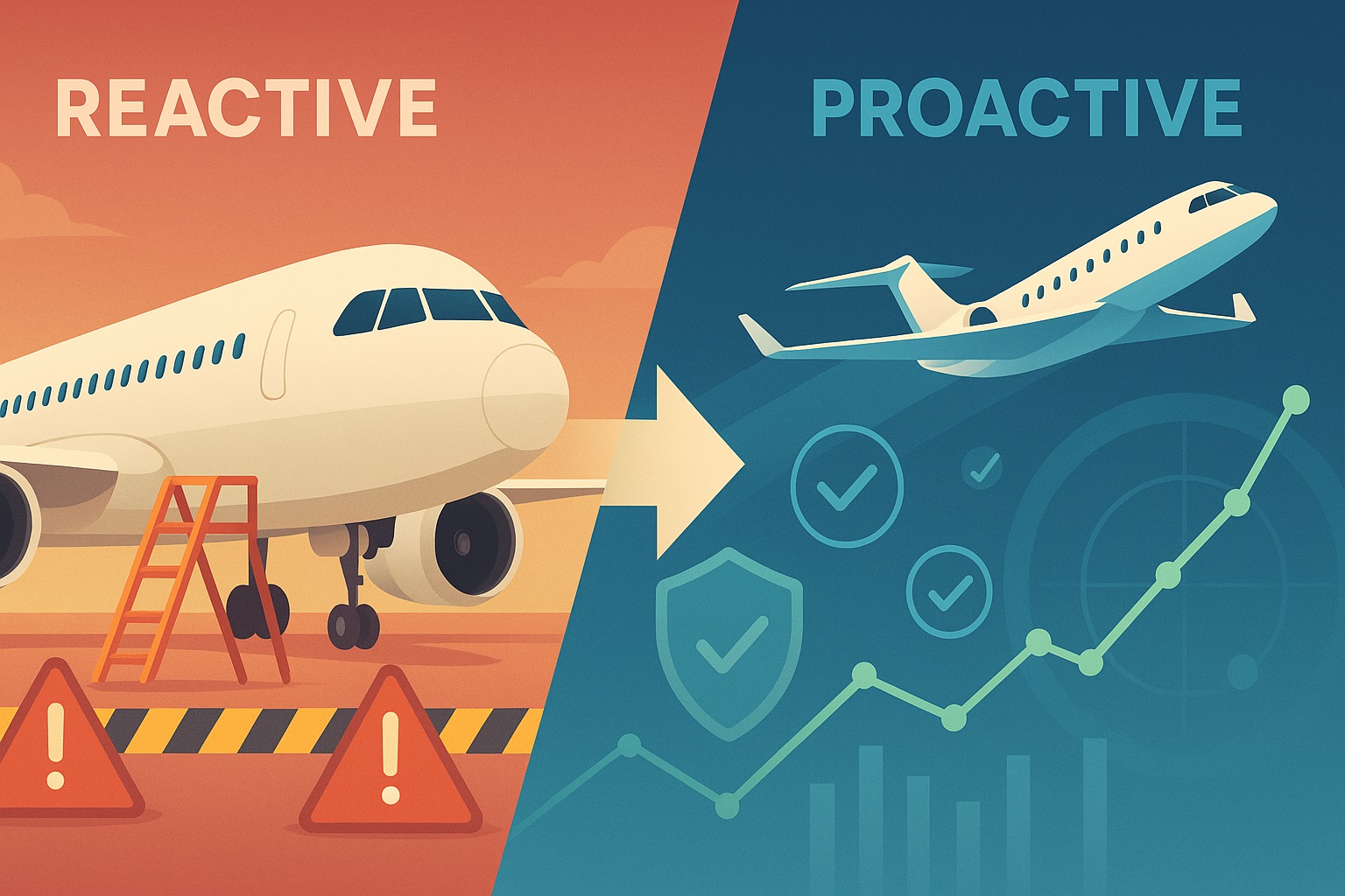 Split-screen image of aviation safety evolution: fly-fix-fly reactive approach with grounded aircraft vs proactive SMS approach with climbing jet and data graphics.