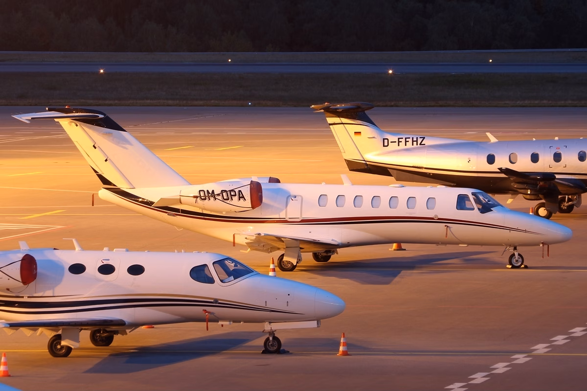 Cessna Citation business jet family lined up together at the airport ramp
