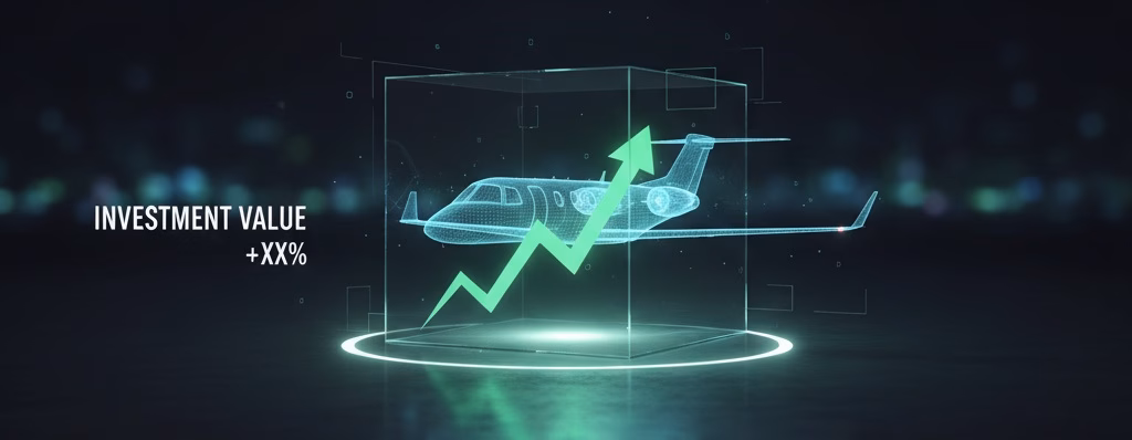 Abstract image of a glowing wireframe business jet, representing investment value and growth.