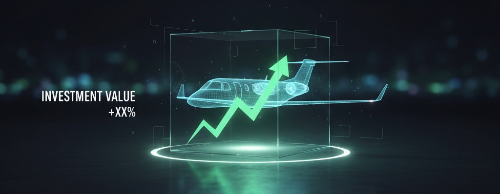 Abstract image of a glowing wireframe business jet, representing investment value and growth.