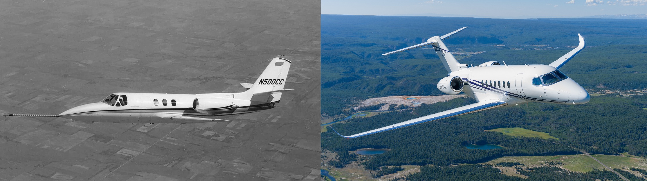 Cessna Citation history. Left image shows the Fanjet 500, and right shows Citation Longitude.