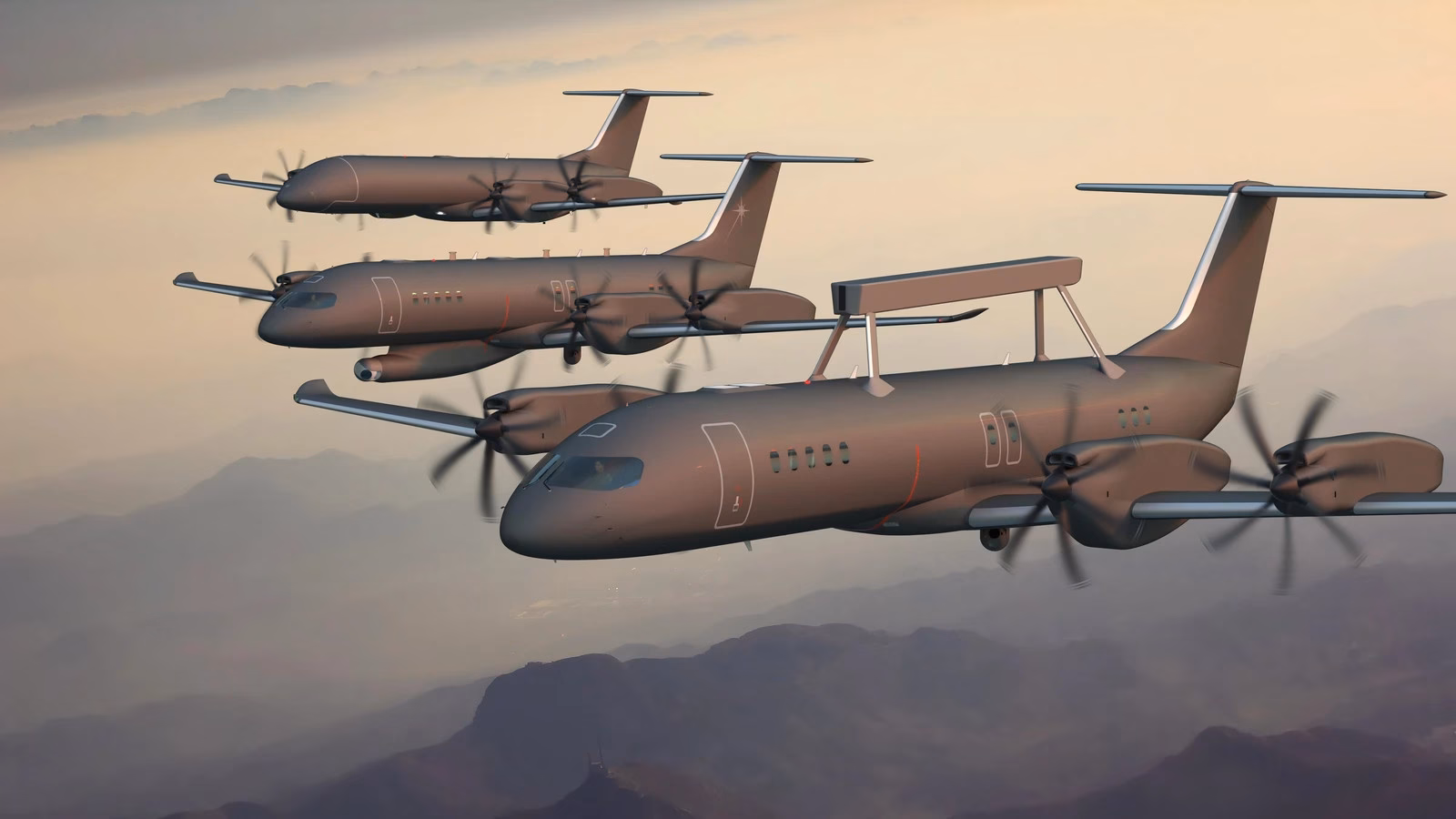Render of three EVIO 810 aircraft in a military-style formation, one configured for intelligence, surveillance, and reconnaissance (ISR) missions over mountains.