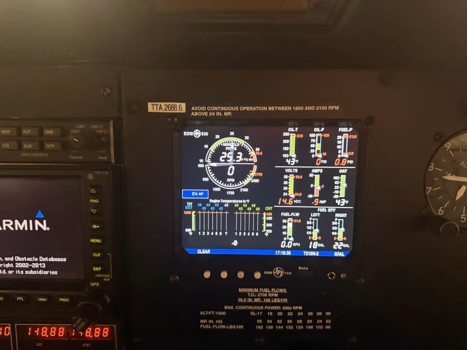 1979 Cessna 210N N7AL EDM-930 engine monitor display in cockpit panel