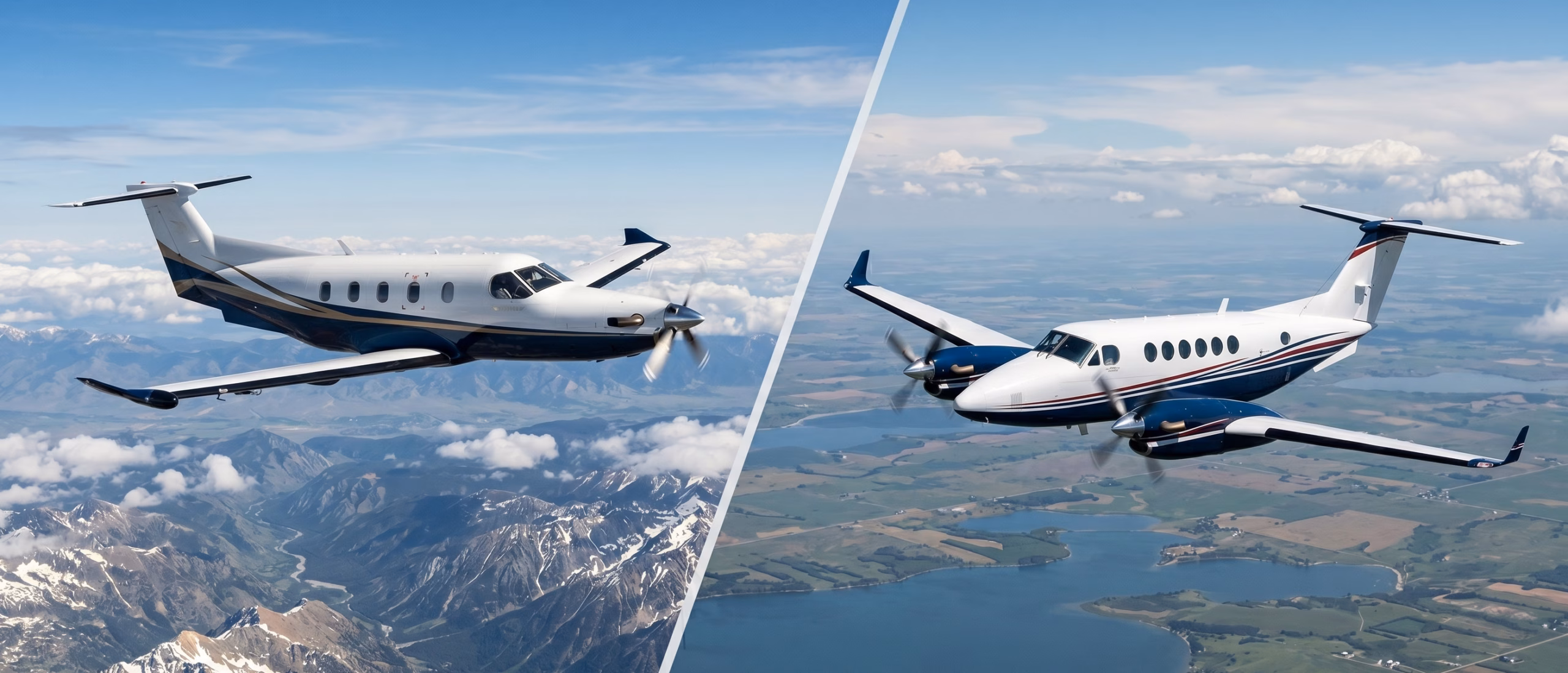 King Air 350 vs PC-12 side-by-side in flight, showing a Pilatus PC-12 on the left and a Beechcraft King Air 350 on the right