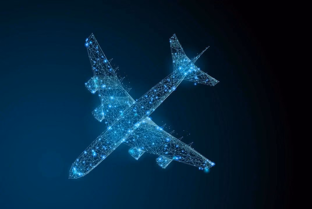 Digital wireframe aircraft with connected data nodes representing aviation cybersecurity and modern flight operations.